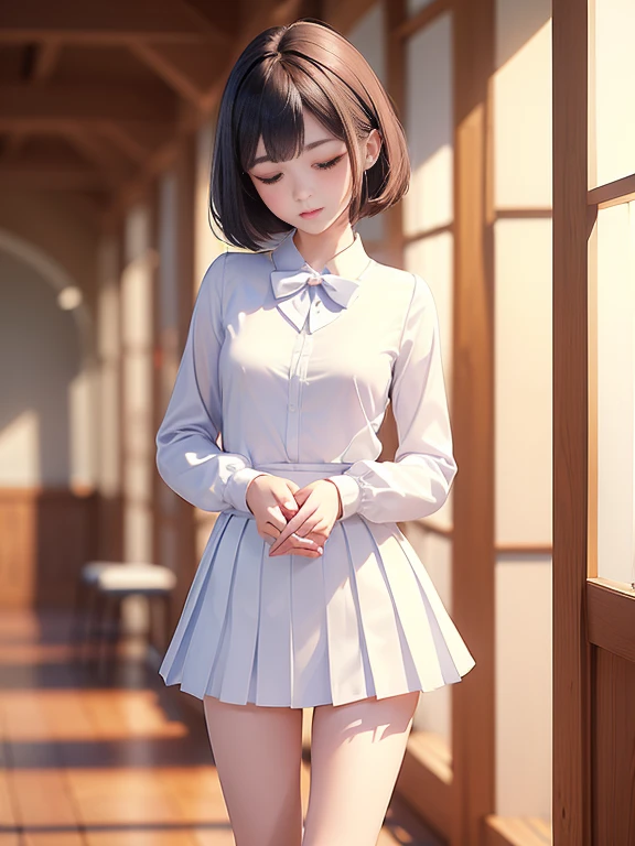 (masterpiece、Highest quality:1.7)、(:1.5)、(Above the knee shot:1.5)、Bobcut、Black Hair、85mm、16K、Official Art、RAW Photos、Best Beautiful Faces、Close-up、Violet、Gardenia、((The best beautiful girl、very cute))、Red blush on cheeks、indoor、(Are standing:1.8)、Film Grain、Chromatic Aberration、Sharp Focus、(((Nice hands、Perfect hands、Perfect Fingers、Thin and delicate fingers、A perfect body without flaws)))、Detailed face、(Slender body:1.5)、(Slender body:1.4)、(Small breasts:1.9)、(Let your bangs hang down:1.8)、(Blushing:1.8)、(Low contrast lighting:1.2)、(White tight business blouse with collar:1.5)、(White bow tie blouse:1.3)、(Long sleeve: 1.5)、(A very short white pleated mini skirt:1.5)、(Eyes closed:1.5)、back shot,(leaning forward:1.1)