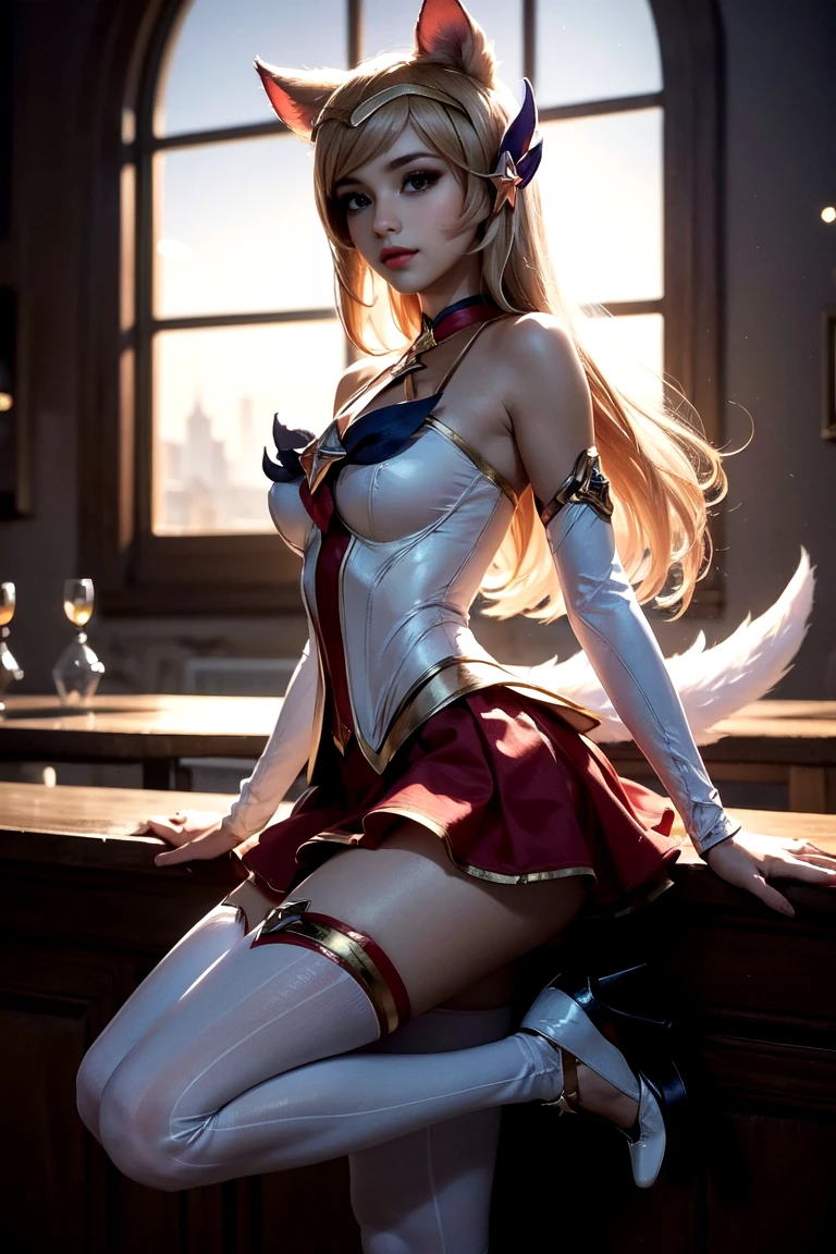 Masterpiece, top quality, Star Guardian Ahri, 1girl, animal ears, hair accessories, undressed sleeves, bare shoulders, skirt, magical girl, multiple tails, white stockings, big breasts, white high heels, headband, whole body, (length Hair: 1.5), bare shoulders, uniform, facing the audience