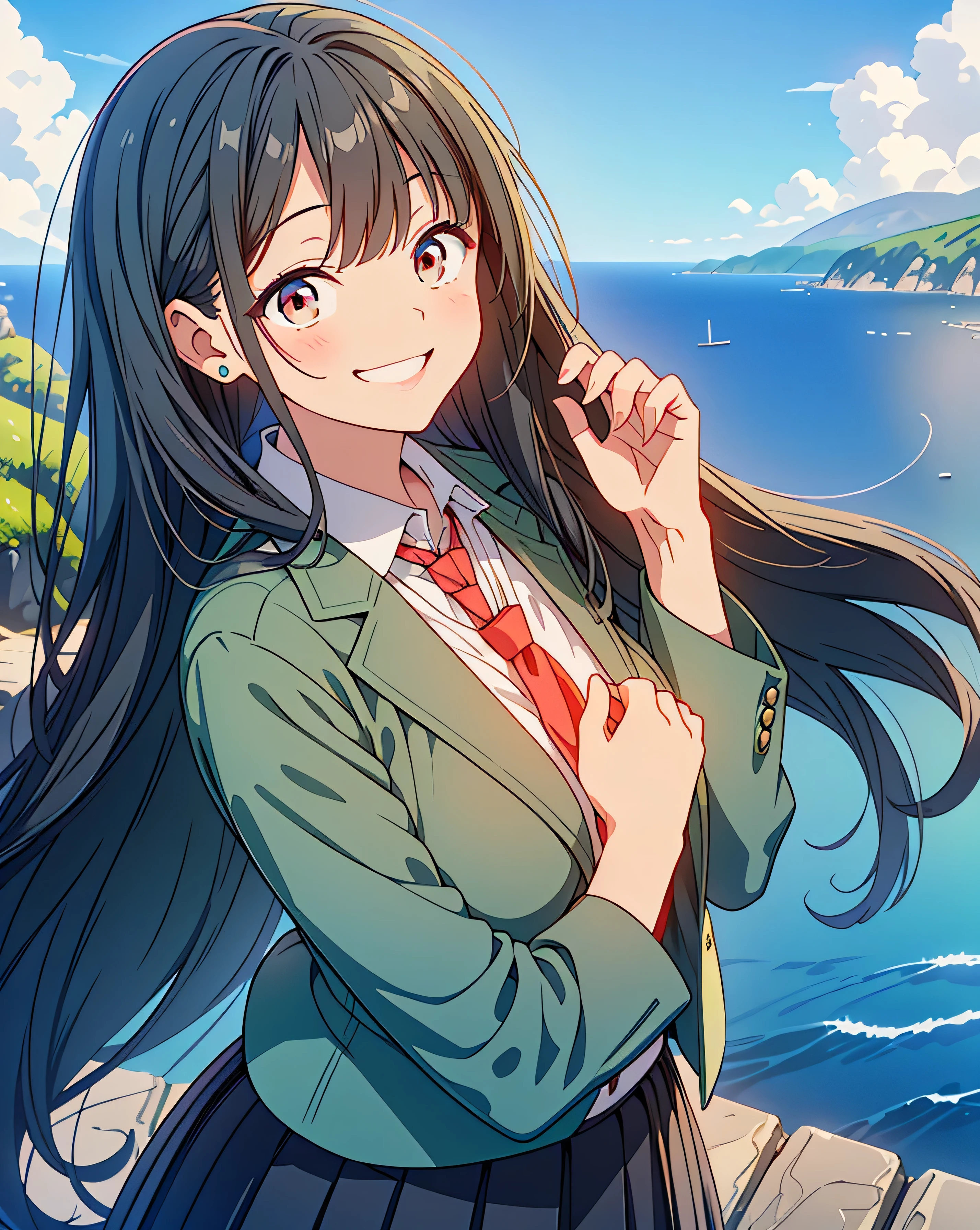 Highest quality, 32K, High resolution, masterpiece:1.5, One beautiful girl, Illustration with anime touch, Rich emotional expression, An exceptionally beautiful face, Perfect Human ???????, Perfect hands, Thumb and４Finger, Big red eyes, ((A happy smile:1.5)), shiny black hair, Long Hair, Asymmetrical bangs, Hair between the eyes, Transparent, soft white skin, Detailed and cute lips, ((Moss green blazer:1.1)), Red tie, Grey pleated skirt, Sea view road, ((blue sea:1.2)), ((Ultra-detailed and beautiful blue sky:1.2)), Gentle sunlight, mysterious