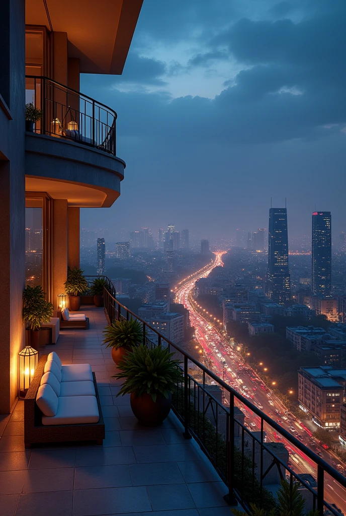 Generator image of night view of Mumbai by a building balcony a big balcony in landscape mode