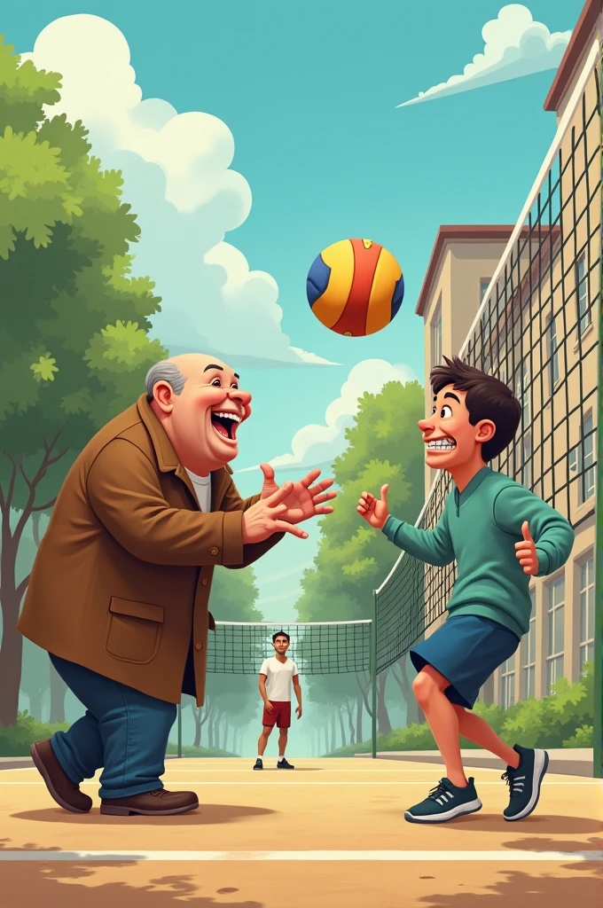 A fat man,smiling,bald and in a brown coat playing volleyball with a goalie with braces on his teeth they are on the court of a mental hospital
