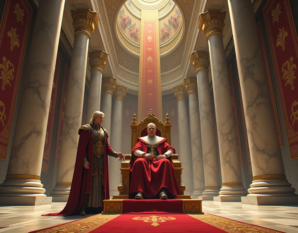 Make me a huge hall of a kingdom, with marble pillars supporting the high ceiling decorated with tapestries depicting ancient battles. On the golden throne, carved with minute details of dragons and lions, was the King, A middle-aged man with a serious expression, but fair. Next to you, your advisor with blond hair