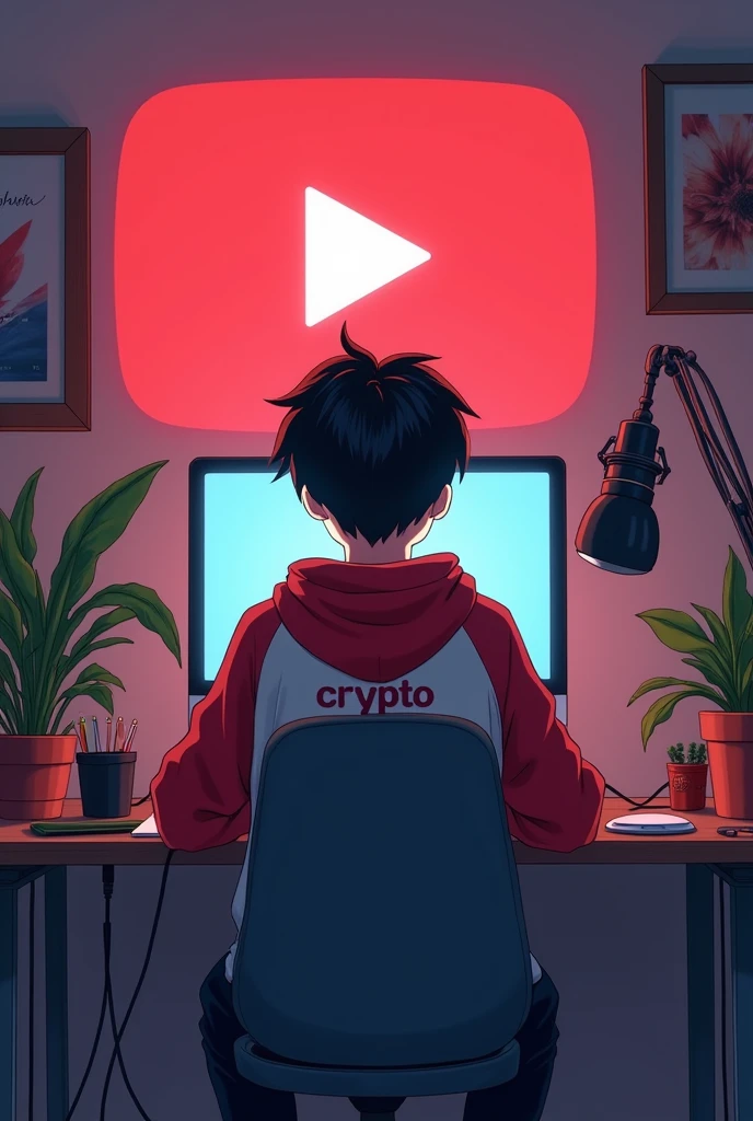 Create a image of "A 20 years anime boy sitting in front of a computer desk with a microphone and laptop, wearing white and red hoodie with the Channel Name on it "CRYPTO". The background includes a large YouTube logo on the wall, potted plants on either side, and various recording equipment."