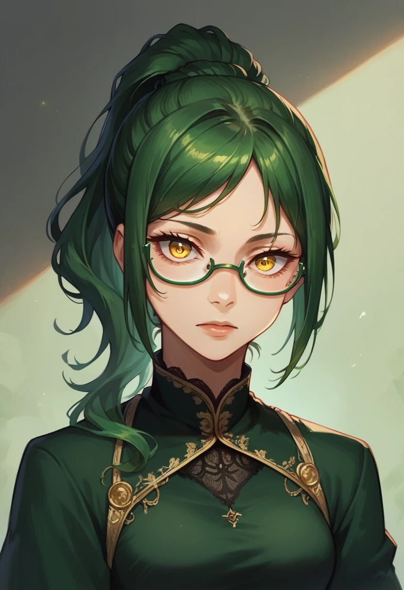 score_9, score_8_up, score_7_up, score_6_up, BREAK, masterpiece, best quality, 1 girl, solo, Maki , detailed eyes, at the club, yellow eyes, green ponytail hair, square glasses, long lace dark dress