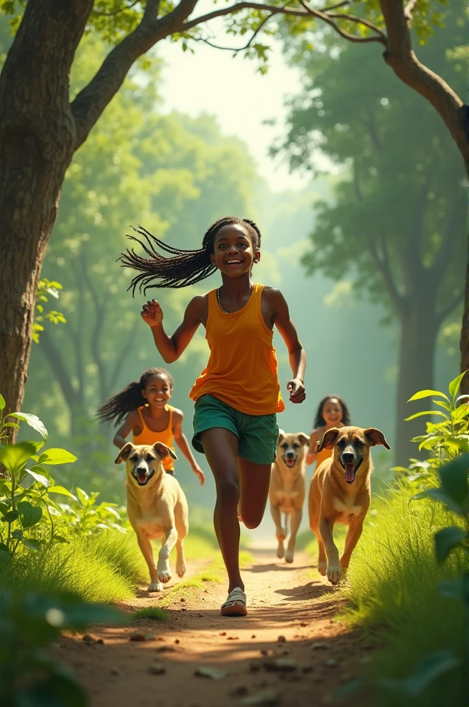 African girls running a forest park and dogs hunter 