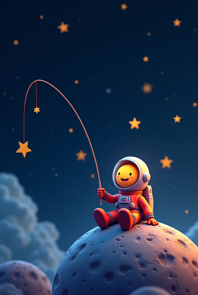 A high quality image of an animated cartoon astronaut in bright colors sitting on a round moon fishing for stars in the sky , with a sky background