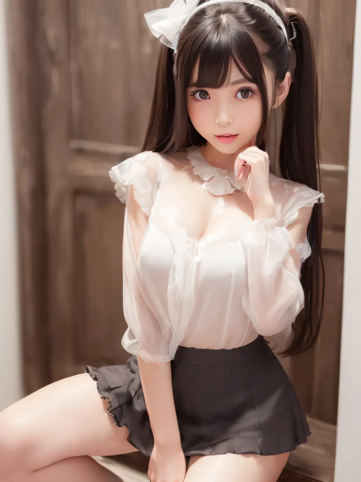 ulzzang -6500-v1.1、(Raw foto:1.2)、(Photorealcitic:1.4)、Beautiful detail girl、extremely detailed eyes and face、beautiful delicate eyes、((A Smile))、huge file size、extremely highly detailed、Hight Resolution、ighly Details、Top  Quality、​masterpiece、((Translucent white blouse、sleeveless、off-the-shoulders))、（(Translucent black tight skirt))、illustratio、ighly Details、NFFSW (english) (english)、unification、8k wallpaper、astonishing、delicate detail、​masterpiece、Top  Quality、highly detailed ticker uniform 8k wallpaper、 light on the face、cinematic lightings、1girll、、Long gray hair、side split、(Beautiful Tits)、(((no panty)))、(spectacled)、((dynamicposes)))、((Sexy Pose)))、(Camel's toe)、(half)、(Pantyhose)、((Black hip skirt))On the face、cinematic lightings、1girll、20 years old、Long gray hair、side split、(medium size breasts,)、((dynamicposes))、((Sexy Pose)))、(Camel's toe), tongue、Vaginal orchids、runny vaginal discharge、blowing tide、Very beautiful breasts、Hold your chest with both hands、 Spread your legs、sexual excitement、sexual manifestations、shinny skin。realisitic、Photorealcitic:1.37)、(kpop-idol)、middle way hair、(Pink blush)、(illumination)、[[Open Legs、Spread your legs apart]]、(独奏)、dynamicposes、((Erection ))、(puffy eyes:1.２)、 (Slim legs)、Erotic、NFFSW (english) (english)、Highly detailed ambient occlusion、超High Resolution A, A hyper-realistic, highly detaild, (yawning), (((exhibitionists))), ((she is soaking wet))