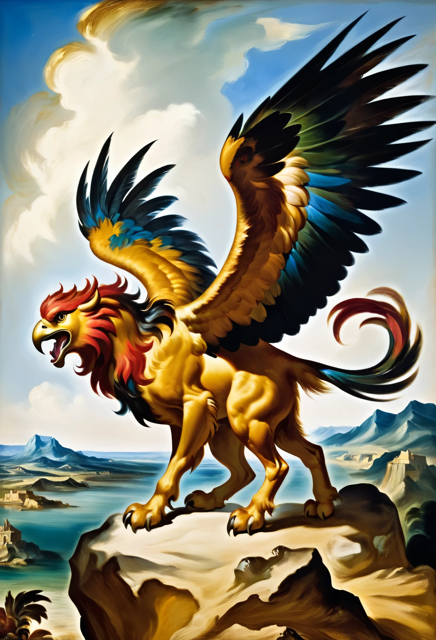 [[(full-length front view: Griffin) ((style Eugene Delacroix))]/[background:amazing Renaissance landscape based on Eugene Delacroix) (masterpiece)], oil painting, extreme detail, intricate, unusual, ((best quality))]
