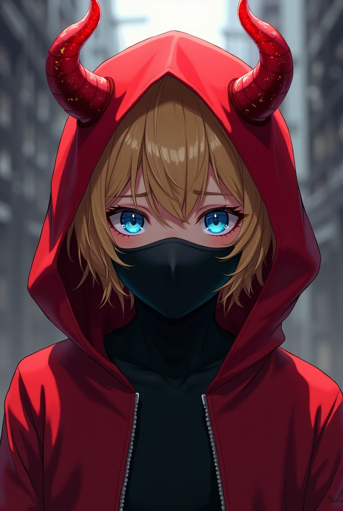 Anime boy with blond hair wearing a red hood with demon horns and a black mask covering his mouth and with blue eyes