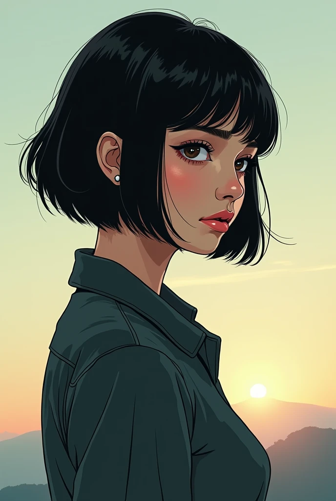 A women with short black bob hair, alone without sad, looking at someone from afar while sadly smile in comic 