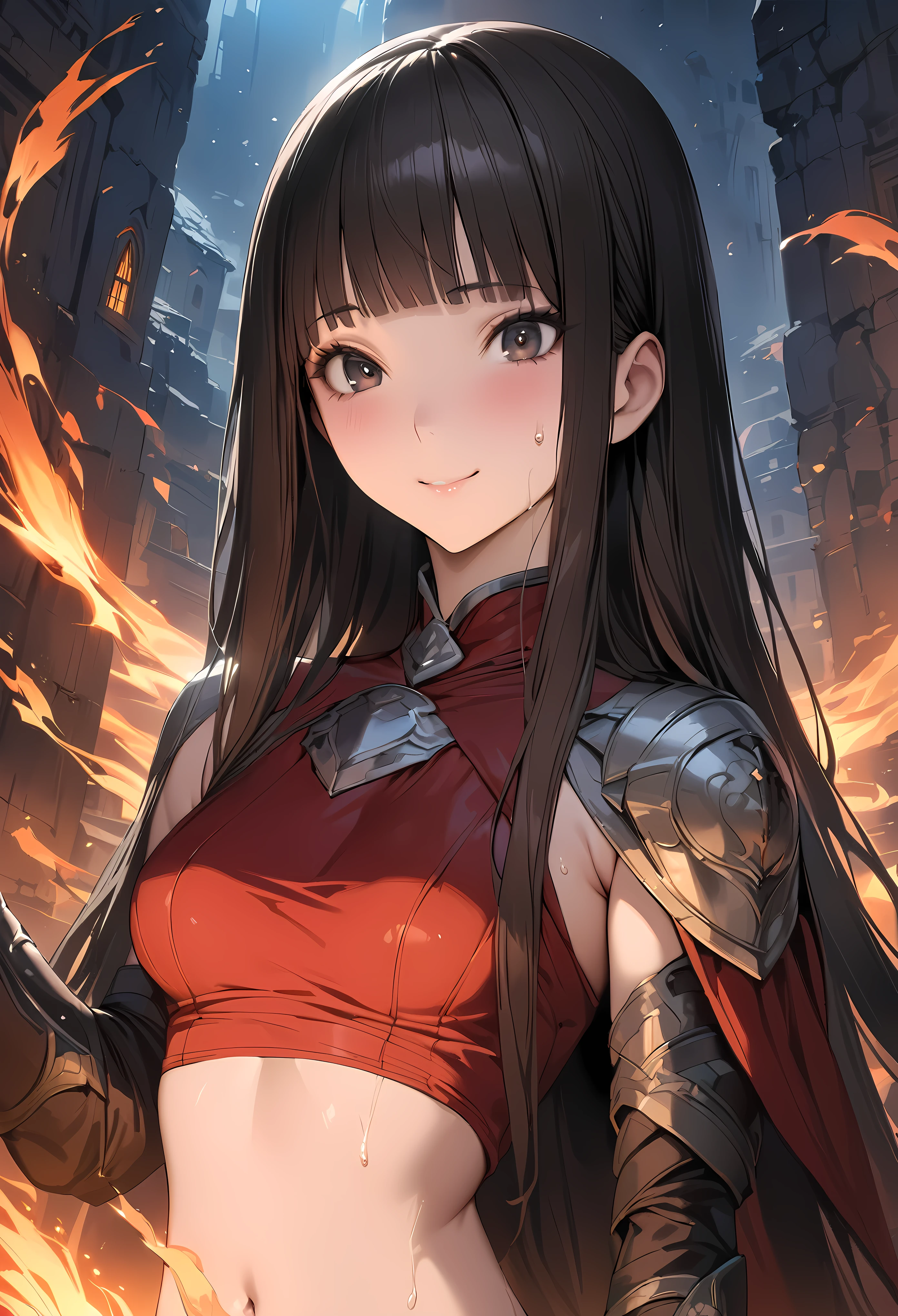 Fantasy art、((masterpiece,best quality anime,Highest quality:1.3)),realistic,portrait,1woman,(Mature Beauty),((very small head:1.4)),((very long body:1.3)),long hair,black hair,bangs,(gorgeous big eyes),black eyes,smirk,((slender body:1.3,skinny)),medium breasts,(mage dress,Red tube top shirt、navel、red loincloth、Leather Gauntlets),Controlling Fire、sweat,standing、Old ruins、at night、A world of magic and fantasy、