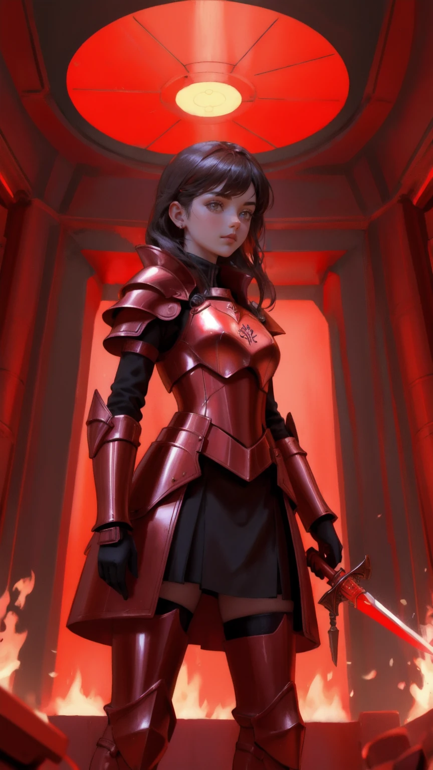 a futuristic girl guarding money, red vault, metallic Armour, holding sword of flames, a money vault in background