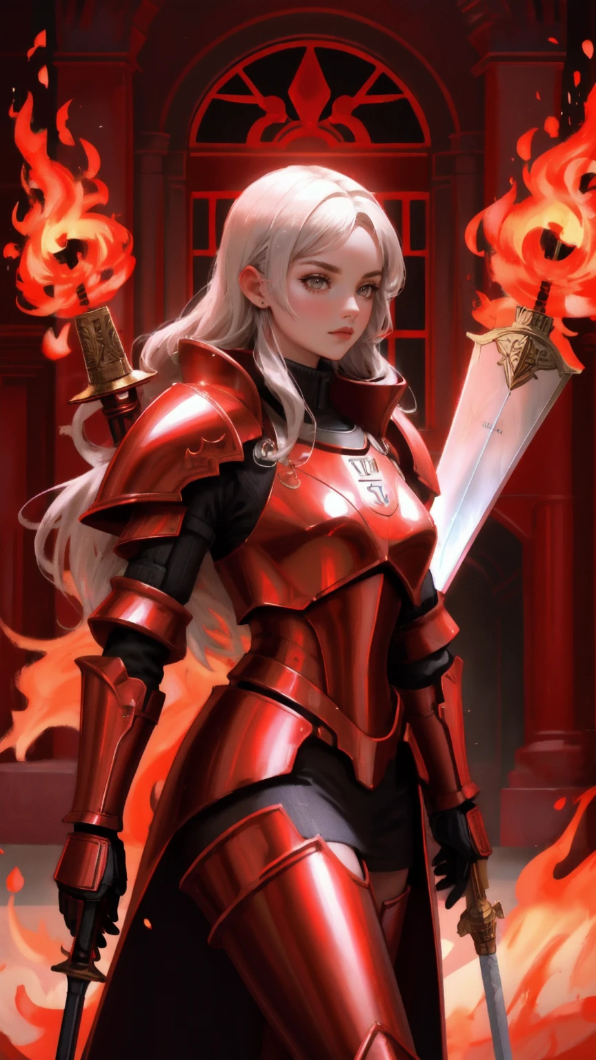 a futuristic girl guarding money, red vault, metallic Armour, holding sword of flames, a money vault in background