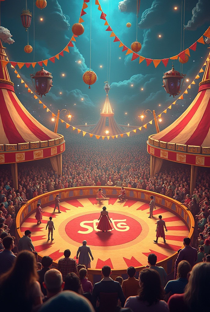 Create a picture for me, the background is a circus and in the center of the picture it says in big letters בלאגן בקרקס״א