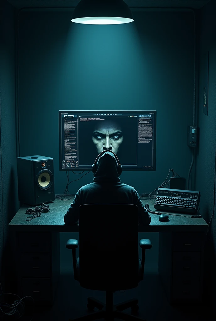 one drack room and there is only setup big computer for hacker. in big computer display there is blackhat hacker face only.