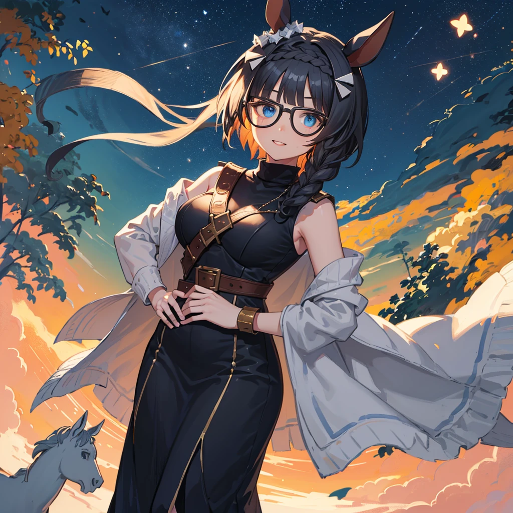solo、Alone、1Alone。masterpiece, uhd, best quality, highres, 8k、(noline:1.5)、(flat2-dim1:1.5)、shoot from above、upper body shot。Girl with horse ears、beautiful girl、wear black glasses。Big Breasts、Light pink lip、Smile。hair ornaments、necklace。turtleneck、Green dress、sweater、Attached sleeves、Thick Yarn、Mesh pattern、knitting、Veil、Veil、beret。The body is turned diagonally to the side、looking at the camera、Hands on hips。breeze、Starry Sky、cliff