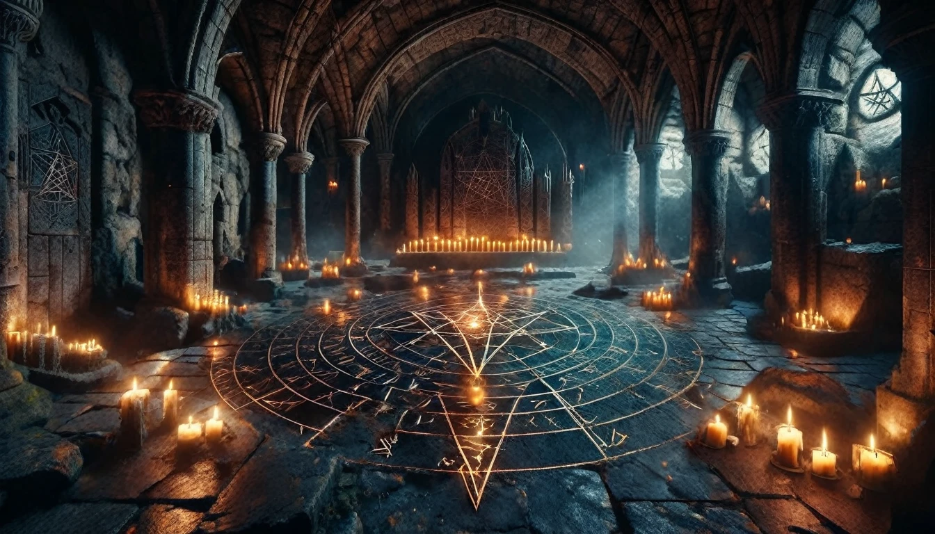 ais-rcn, a dark summoning chamber hidden beneath a deserted castle, with a large pentagram etched into the stone floor, surrounded by candles flickering in an unseen breeze cinematic