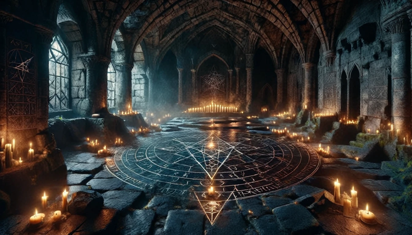 ais-rcn, a dark summoning chamber hidden beneath a deserted castle, with a large pentagram etched into the stone floor, surrounded by candles flickering in an unseen breeze cinematic