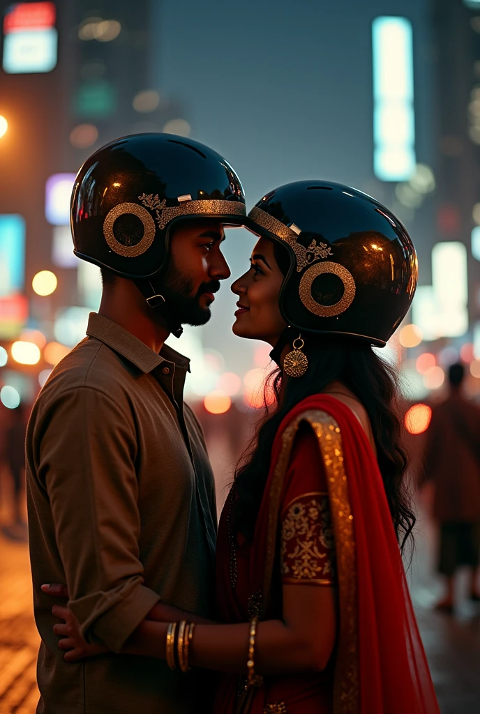 indian lovers wearing with helmates at night in mumbai and people's around walking