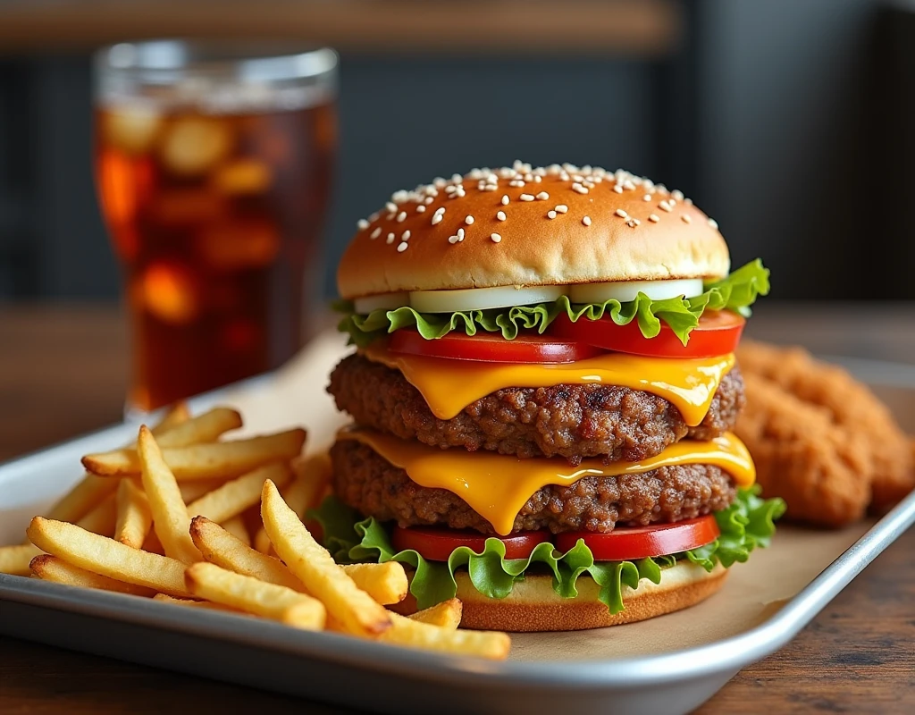 Double burger, two large Broaster chicken pieces, portion of potatoes and cola