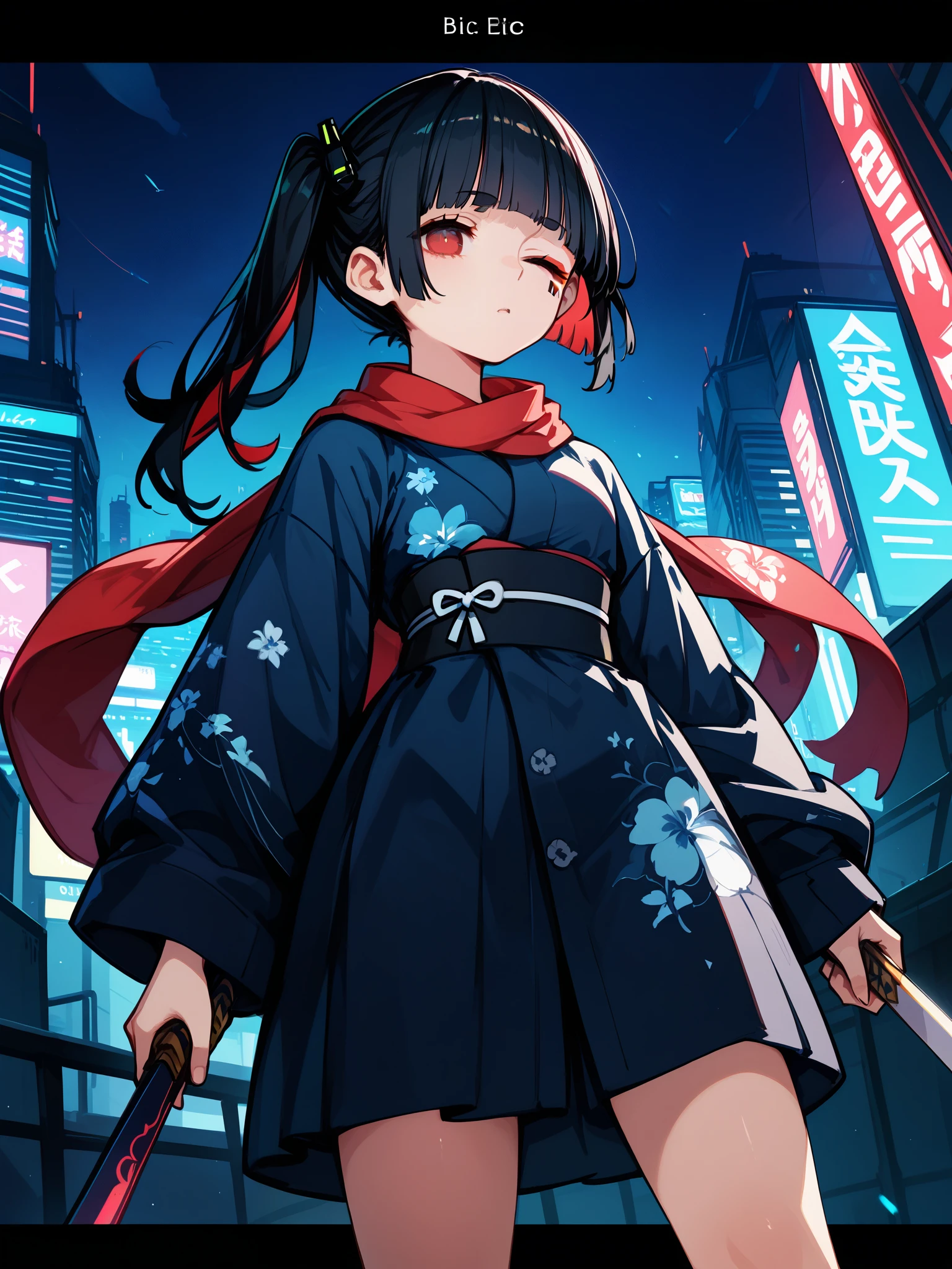 scorce_9,score_8_up,score_7_up,score_6_up,score_5_up,1girl,solo,from below,black hair, one side up,blue floral print japanese clothes,one eye closed,expressionless,shaded face,[holding sword],exhausted, frown, forked eyebrows,floral tattoo,blunt bangs,red scarf, low lights,ultra high detailed cyberpunk city,neon lights, english text,colored shadow,game screenshot,dialogue box,highres,4k,8k,button prompt, kimono, avatar, one eye closed,  red eyes,barefoot,stirrup footwear,:d,open mouth, :<,upper teeth,, barcode