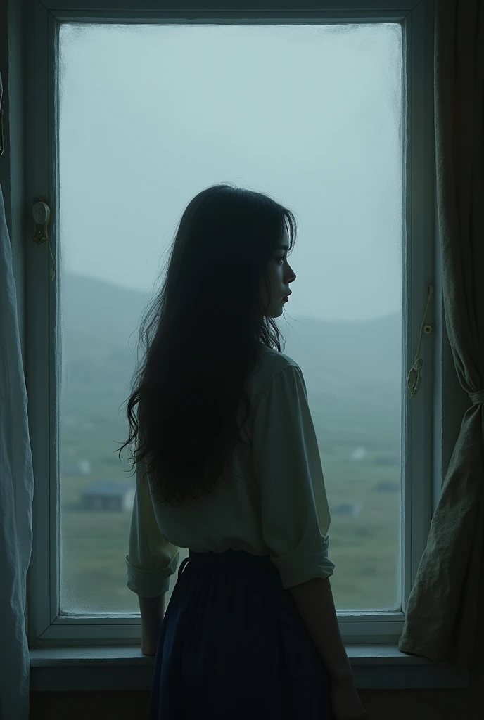 a woman looking wistfully out of a window blurred by the gray morning mist