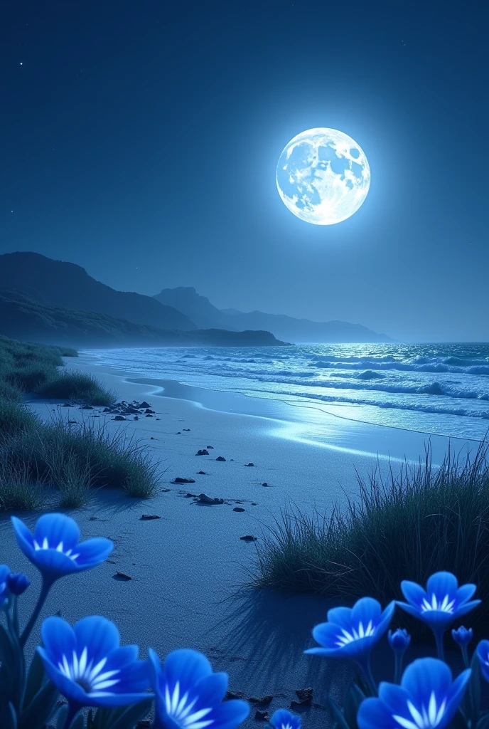 a full moon night on a beach with blue flowers