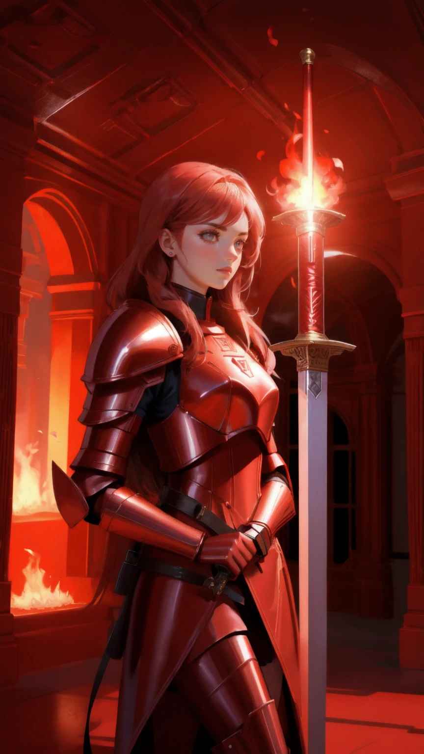 a futuristic girl guarding money, red vault, metallic Armour, holding sword of flames, a money vault in background