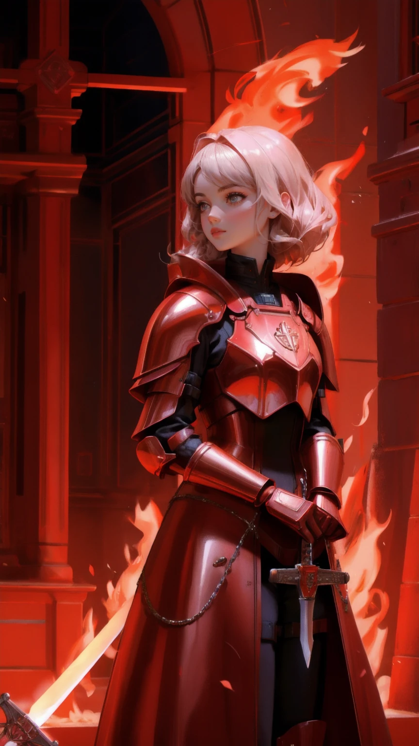 a futuristic girl guarding money, red vault, metallic Armour, holding sword of flames, a money vault in background