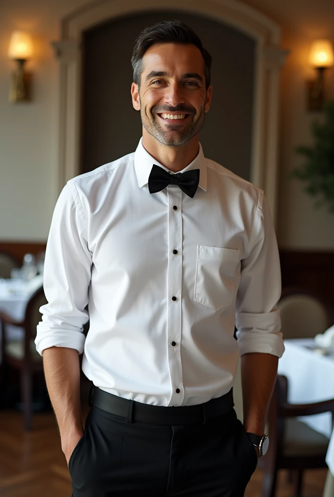 A 2 white Brazilian man formally works as a waiter
