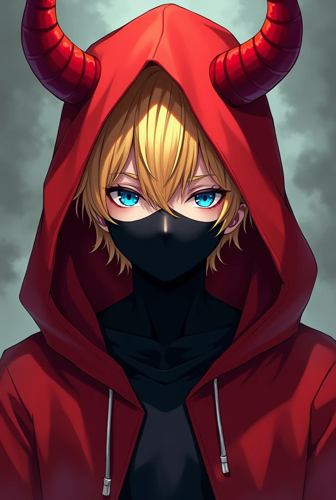 Anime boy with blond hair wearing a red hood with demon horns and a black mask covering his mouth and with blue eyes