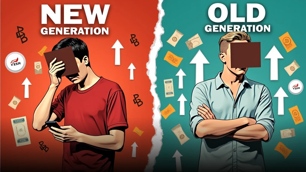 Division: The image is split into two halves with a vertical line in the middle.
Labels:
Left side: “NEW GENERATION”
Right side: “OLD GENERATION”
Background Colors: Each side has a different background color.
Figures:
Left side: A person in a red shirt looking down at a smartphone, appearing concerned or stressed.
Right side: A person in a light blue shirt with crossed arms.
Face Obscured: Both individuals have their faces obscured by a brown rectangle.
Graphics:
Left side: Downward arrows and numbers indicating negative financial figures, specifically “-17,810.00.”
Right side: Icons representing traditional assets or values such as currency, gold bars, real estate (house), and stocks (upward arrows).
Contrast: The image contrasts modern financial struggles with traditional wealth accumulation methods to highlight generational differences in economic approaches and challenges.