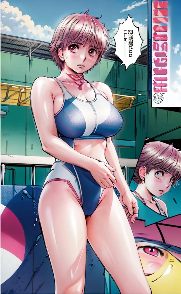 A beautiful girl with short hair, boyish features, big breasts, and beautiful legs is wearing a bright pink high-cut competitive swimsuit with the arena logo on it. She is standing by the pool with her legs spread to the sides, blushing, and with her mouth open, looking towards me.。