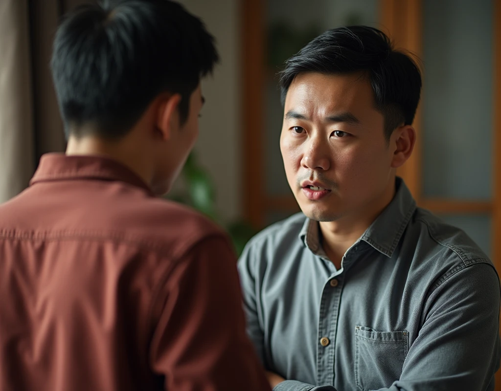 Family drama. Son and father are arguing at home. They are both chinese nationalities.