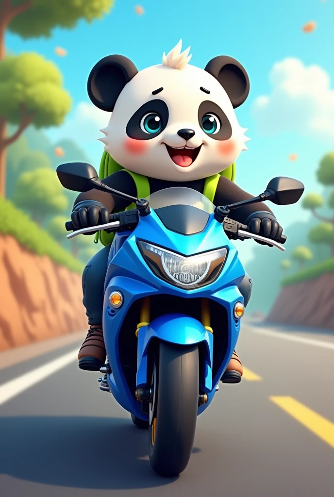 Please, generates a cute cartoonish image of a panda bear riding a blue Yamaha YBR motorcycle, not automatic. The bear must be wearing a lime green backpack and the image must be in a cheerful and colorful style..