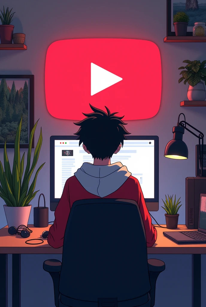 Create a image of "A 20 years anime boy sitting in front of a computer desk with a microphone and laptop, wearing white  and red hoodie with the Channel Name on it "CRYPTO". The background includes a large YouTube logo on the wall, potted plants on either side, and various recording equipment."