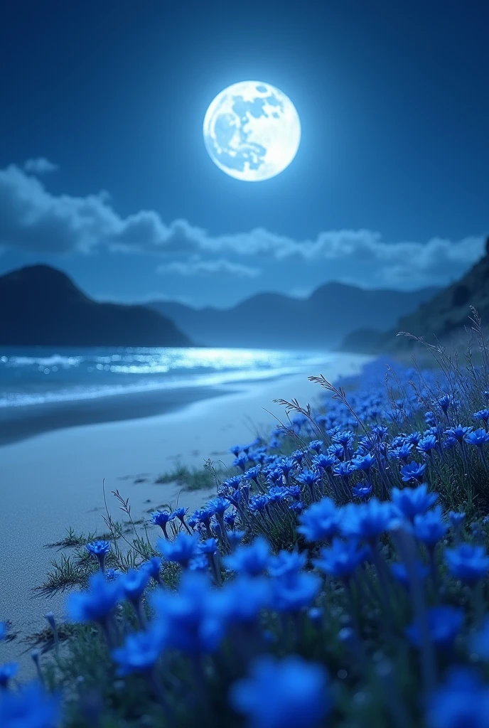 a full moon night on a beach with blue flowers