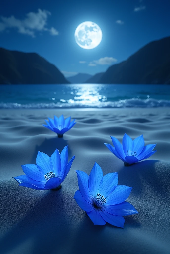 a full moon night on a beach with blue flowers