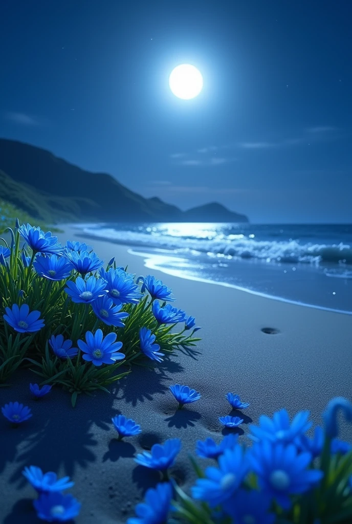 a full moon night on a beach with blue flowers
