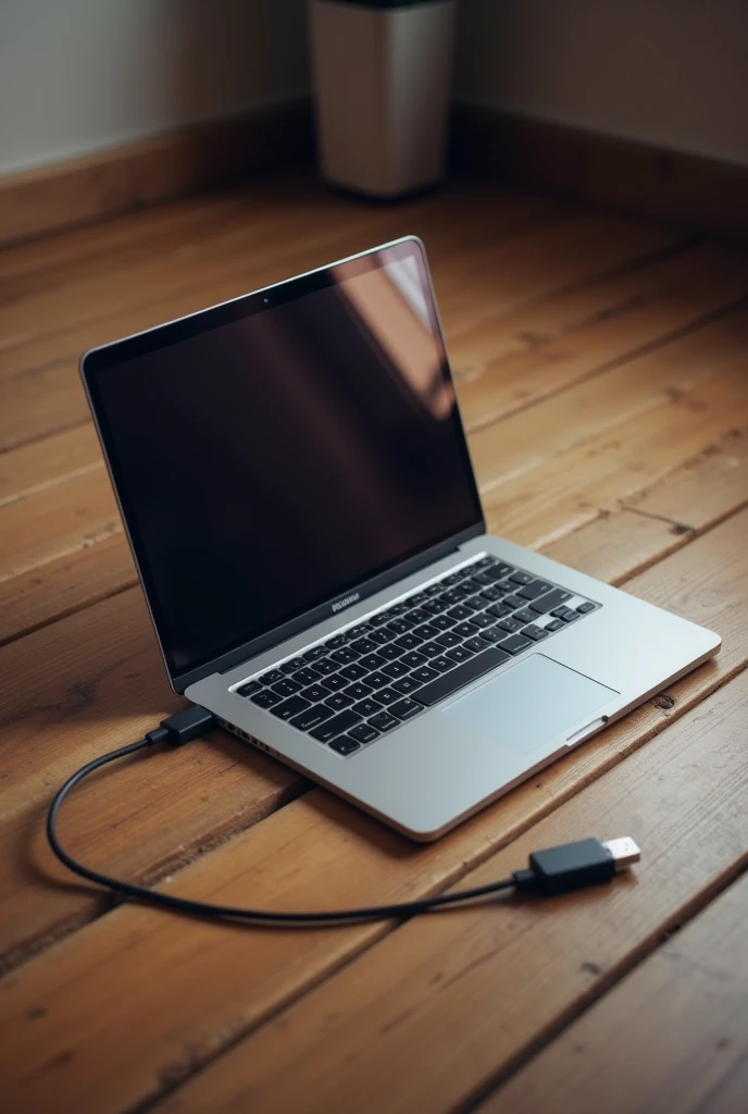 A laptop with a USB stick
. The laptop is on a wooden floor . The laptop is open
