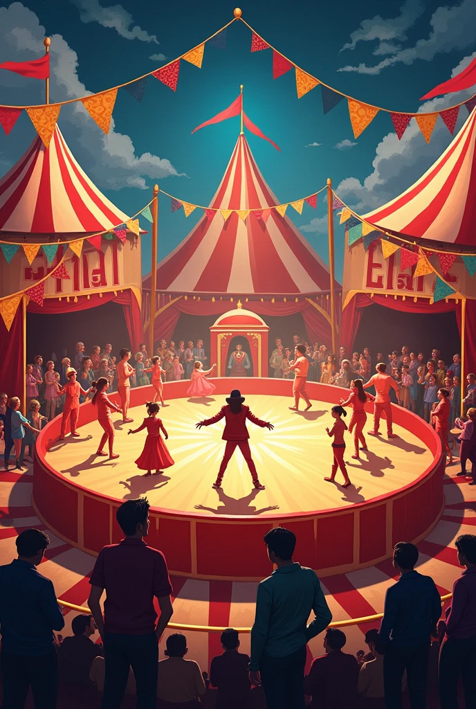 Create a picture for me, the background is a circus and in the center of the picture it says in big letters בלאגן בקרקס״א