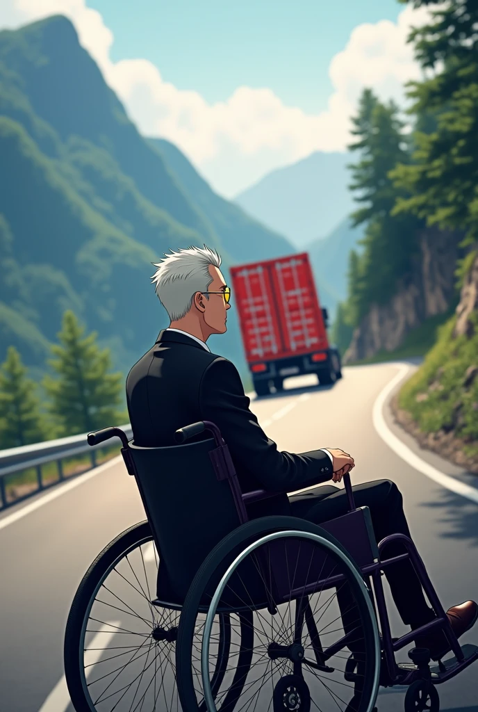 Japanese beautiful comics,Background mountain road,A red container truck,Handsome male protagonist,White short hair,Black suit,Gold glasses,Sitting in a wheelchair,The truck hit the hero immediately