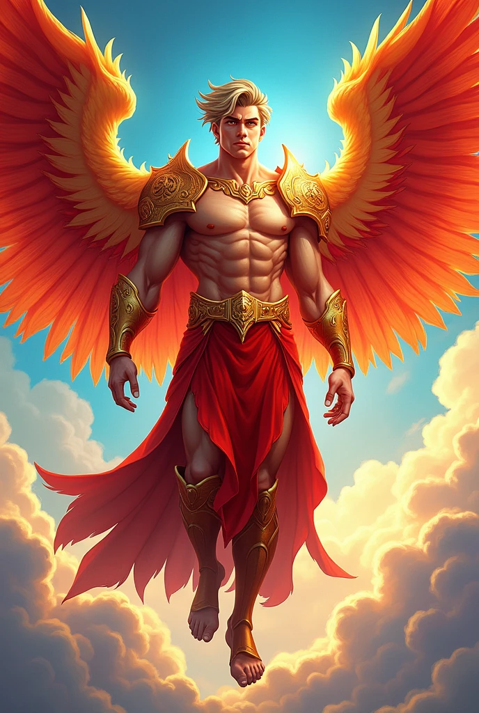 Draw a cartoon of a red and gold winged human male.