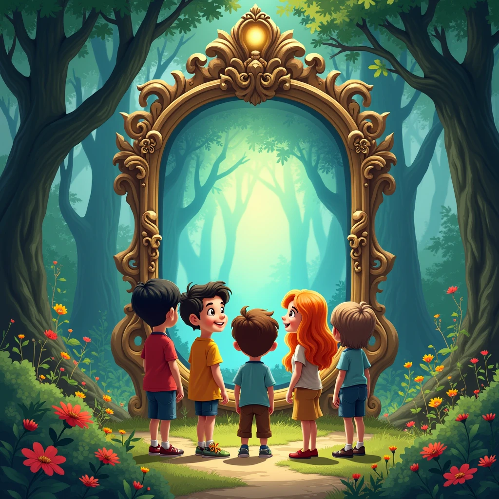 Create an illustration for the story with these instructions: ""A charming illustration for a story set in a magical forest. The five main characters, John (a cheerful boy with short black hair), Santiago (quiet, with brown hair rizado), Hellen (intelligent, with long blonde hair), Mateo (energetic, With red hair) and light blue (Sweet, with brown hair), They are standing together in front of an ancient enchanted mirror. The mirror has a large, ornate frame with carvings of animals and flowers., and emits a mysterious light. The forest around them is full of colorful flowers and tall trees., creating a magical and adventurous atmosphere. 1024x1024 format."