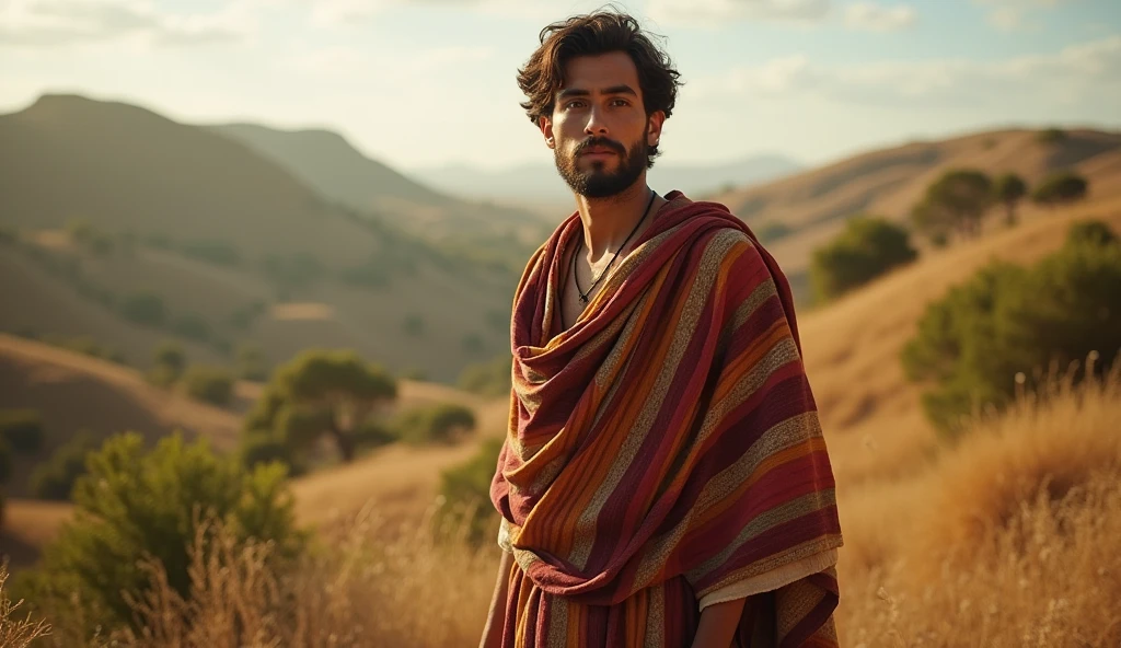 Historical photo of a young Hebrew man, wearing a richly colored striped robe, standing tall with a confident gaze, full body pose, in an ancient Canaanite pastoral setting, warm afternoon sunlight, captured from eye level, shot on a large format camera with period-appropriate film simulation, in style of William Henry Fox Talbot
