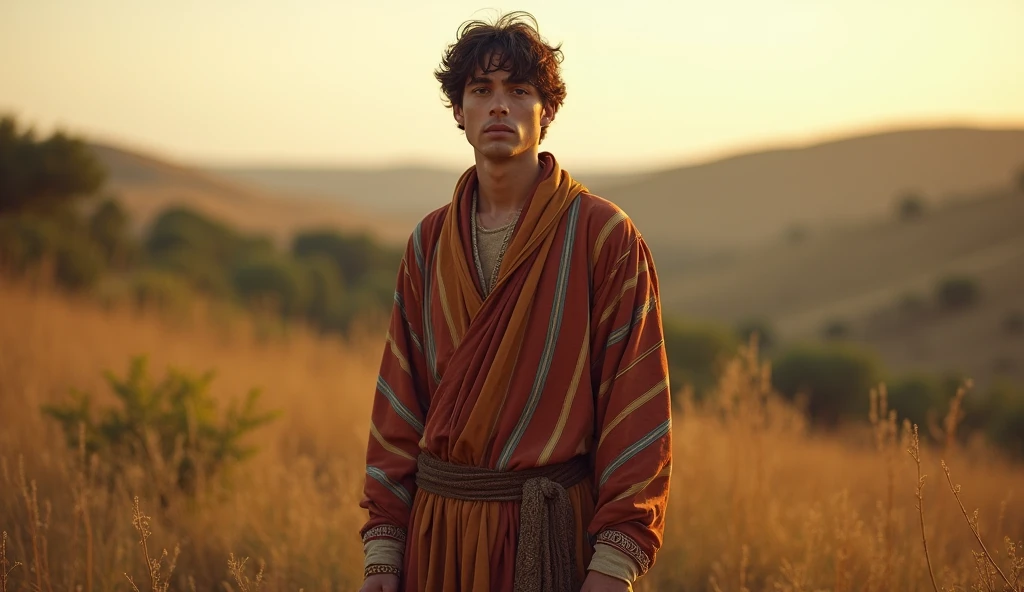 Historical photo of a young Hebrew man, wearing a richly colored striped robe, standing tall with a confident gaze, full body pose, in an ancient Canaanite pastoral setting, warm afternoon sunlight, captured from eye level, shot on a large format camera with period-appropriate film simulation, in style of William Henry Fox Talbot