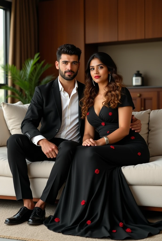 A beautiful sri lankan lady with curly long voluminous hair, fair golden and clear skin, has hourglass body shape , wearing a beautiful flower bodyconn dress, happy, can clearly see hourglass bodybshape, eye catching beauty..i need the full body picture..and not that much slim .she should have a  medium size body.dress should be black and with small rose flowers .it should be long body conn dress which should length upto ankle..f,owers should be reallu small and red..she should be with a really handsome tall man .she is not pregnant. They live inside a rich calm and beautiful house happily.its a modern house there are sitting on sofa