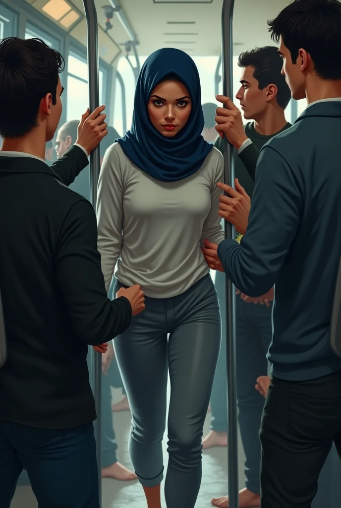Navy Blue Headscarf on a Crowded Bus, grey sweatpants, white long sleeve t shirt , barefoot, Sexy skinny woman. 4 men touching woman's butt.