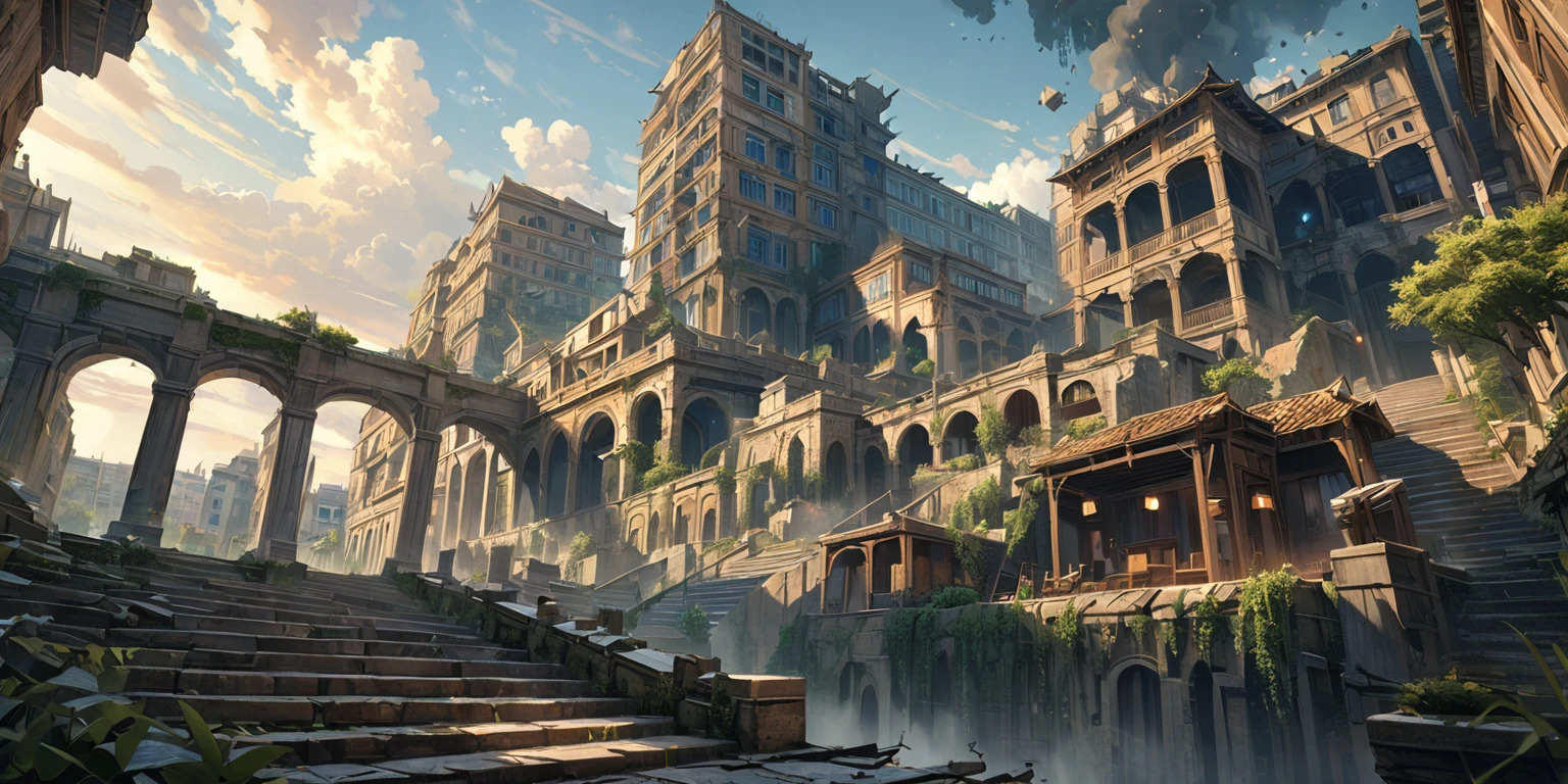  Anime Aesthetics, 动漫landscape, 景观landscape, （Yellow Tones, Blue tint，金色和红色的architecture，Colorful picture：1.2），（dusk：1.3），elden ring movie lighting, Inspired by Elden Ring, Farum Azoula, 古architecture, Rome style, Rocks floating in the air, Crumbling city, Megastructures, Moments before the Battle, dust in the air, Epic scenes, atmospheric opinion, Wide-angle lens, From below, From the outside, high resolution, 8K, best quality, Super Detail, The award-winning, masterpiece，unmanned, landscape, architecture, outdoor, Sky, stairs, window, railing,