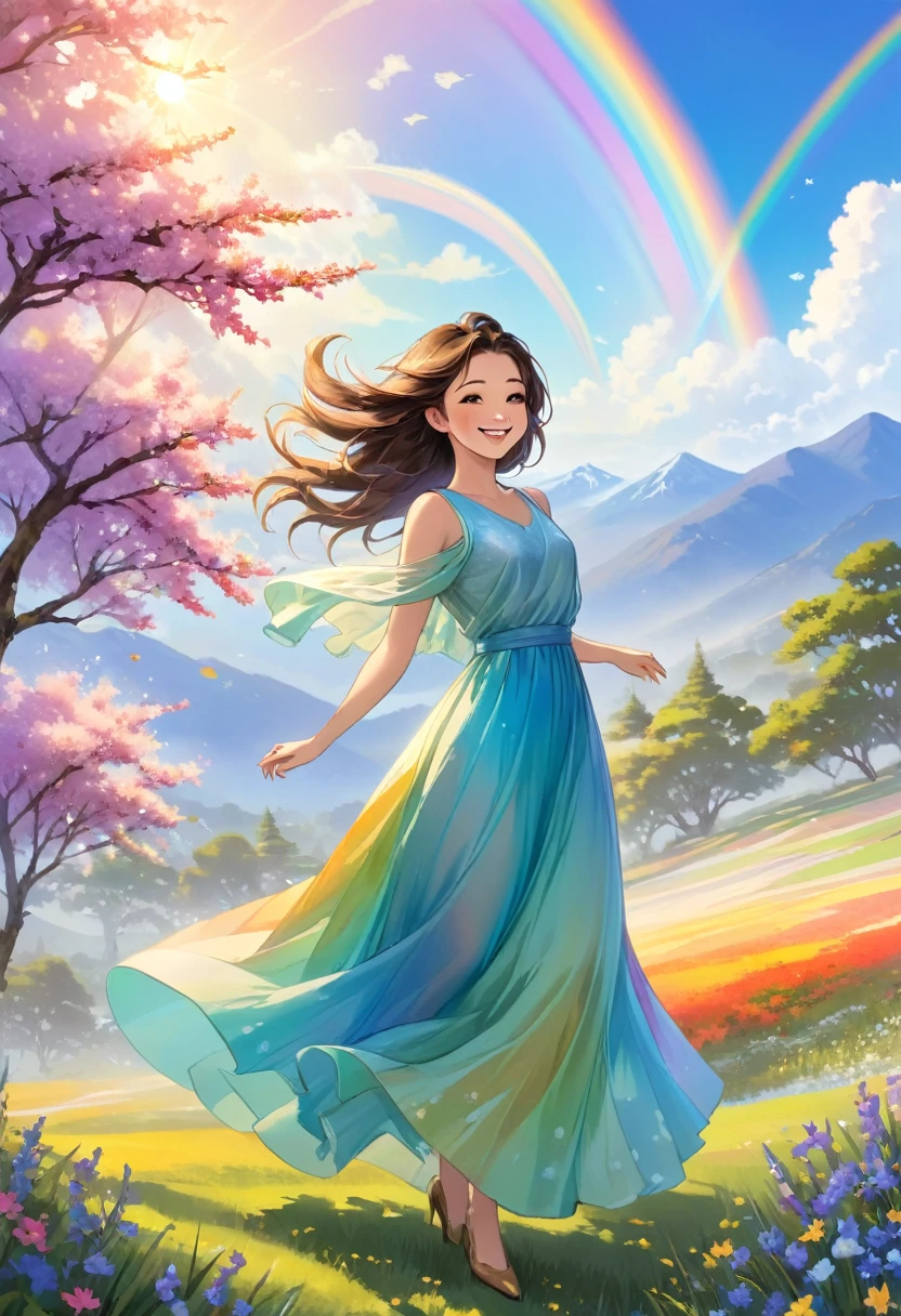 Main Subject: Happy Woman
Woman Design:
The woman is depicted in her mid-20s to early 30s, radiating joy and contentment. She’s wearing a flowing dress that moves gracefully with her, as if caught in a gentle breeze. The dress could be in soft, pastel colors like lavender, light blue, or peach, complementing the serene environment around her.
Her hair, whether long or short, flows naturally, with a few strands gently lifted by the wind. She has a bright, genuine smile, and her posture is relaxed, perhaps with her arms outstretched or holding the edges of her dress, as if she’s twirling in delight.
The overall expression of the woman is one of pure happiness and freedom, fully embracing the beauty of the Shangri-La around her.
Setting: Shangri-La
Landscape Design:
The setting is a lush, vibrant paradise, filled with rich greenery, colorful flowers, and majestic mountains in the background. The landscape is a mix of soft rolling hills, clear streams, and meadows that seem to stretch infinitely.
The vegetation is abundant, with a variety of trees, including tall, elegant willows and blossoming cherry trees, whose petals are gently drifting through the air. The ground is covered in soft grass, dotted with wildflowers in every color of the rainbow.
The sky is a brilliant blue, with a few fluffy white clouds scattered across it. The sun is shining brightly, casting a warm, golden light over the entire scene, making the colors of the landscape even more vivid.
Rainbow
Rainbow Design:
A vibrant, multi-colored rainbow arcs gracefully across the sky, starting from one side of the landscape and extending to the other. The colors of the rainbow are bright and clear, with each band of color distinctly visible.
The rainbow is slightly translucent, allowing the beauty of the Shangri-La to be seen through it, creating a magical and ethereal effect. It adds a sense of wonder and fantasy to the scene, as
